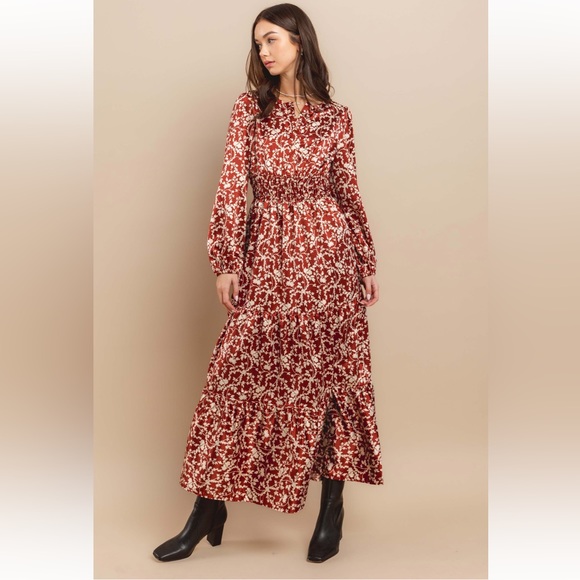 Boho Floral Printed Satin Tiered Maxi Dress - Picture 2 of 5